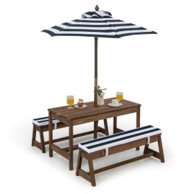 Kids Outdoor Wooden Picnic Table Bench Chairs Cushions Umbrella Set Navy/White