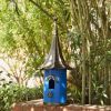 Outdoor Teal Blue Metal Birdhouse with Vintage Bronze Phonograph Style Roof