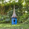 Outdoor Teal Blue Metal Birdhouse with Vintage Bronze Phonograph Style Roof