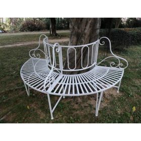 Half-Circle White Metal Outdoor Patio Garden Tree Bench