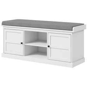 Entrance Shoe Bench with 2 Cabinets, Removable and Washable Cushion and Adjustable Shelf, Bench with Shoe Storage, White
