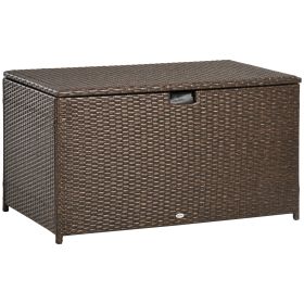 Outdoor Deck Box, PE Rattan Wicker with Liner, Hydraulic Lift, and A Handle for Indoor, Outdoor, Patio, Pool, Toys, Garden Tools, Brown