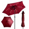9ft Solar LED Patio Umbrella with Push Button Tilt & Crank, 6 Ribs Waterproof Polyester Outdoor Market Table Umbrella for Garden Backyard Pool, Burgun