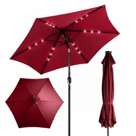 9ft Solar LED Patio Umbrella with Push Button Tilt & Crank, 6 Ribs Waterproof Polyester Outdoor Market Table Umbrella for Garden Backyard Pool, Burgun