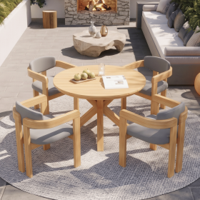 5-Piece Outdoor Acacia Wood Round Dining Set, Solid Wood Patio Table with 4 Barrel Chairs, Cushioned Seats & Backs, Modern Garden Conversation Set, Gr