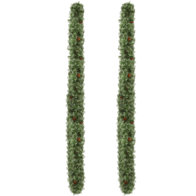 2 Pack 9FT Pre-lit Snow Flocked Christmas Garland, Lighted Artificial Xmas Garland with 200 Warm Lights and 440 Tips and Red Berries
