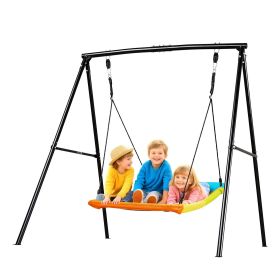 Swing Set for Backyard, 60 x 32 in Swing Seat with Heavy Duty A-Frame Metal Stand, 440 lbs Load Capacity, Reinforced with Spiral Ground Anchors