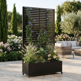 Metal Planter Box with Trellis, 73"x35"x16 Metal Raised Garden Bed with Trellis, Metal Planter Box with Drainage Holes & Lockable Wheels & Privacy Scr