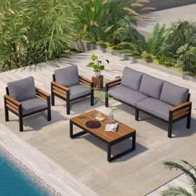 GO 4-Piece Outdoor Furniture Sofa Set for 5 People with Acacia Wood Armrests, Patio Conversation Set with Removable Cushion an