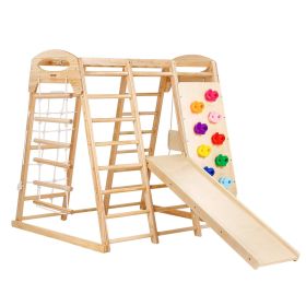 Indoor Jungle Gym, 7-in-1 Toddler Indoor Playground, Wooden Toddler Climbing Toys Indoor with Wood & Rope Ladder, Net Ladder, Swing, Monkey Bar,