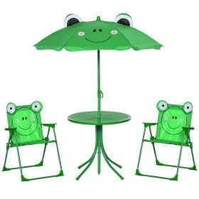Folding Kids Table and Chair Set, Picnic Table with Frog Pattern Removable & Height Adjustable Sun Umbrella for Garden, Backyard, Green