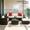6 Piece Outdoor Patio Furniture Set PE Rattan Wicker Sectional Sofa with Ottoman Tempered Glass Table Mixed Brown & Cream White All-Weather Cushioned