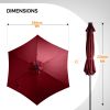 9ft Solar LED Patio Umbrella with Push Button Tilt & Crank, 6 Ribs Waterproof Polyester Outdoor Market Table Umbrella for Garden Backyard Pool, Burgun