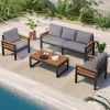 GO 4-Piece Outdoor Furniture Sofa Set for 5 People with Acacia Wood Armrests, Patio Conversation Set with Removable Cushion an
