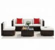 6 Piece Outdoor Patio Furniture Set PE Rattan Wicker Sectional Sofa with Ottoman Tempered Glass Table Mixed Brown & Cream White All-Weather Cushioned