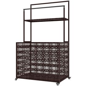Wicker Pool Float Storage Organizer, PE Rattan Pool Float Holder with Basket Shelf Towel Bars, Rolling Pool Caddy for Floaties, Noodles, Life Ves