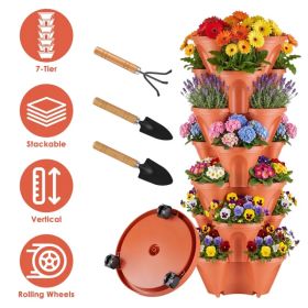 7-Tier Vertical Stackable Planter Tower with Casters, Space-Saving Stack-Up Garden Pots with Complete Tool Kit for Balcony, Deck, Indoor & Outdoor Gar (Option: Red)