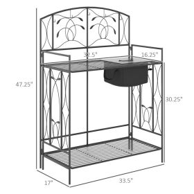 Folding Potting Bench Table, Metal Garden Workstation, Work Bench With Large Built-in Bag With Cover, 5 Hanging Hooks & Storage Shelf, Leaf Patte (Option: Black)