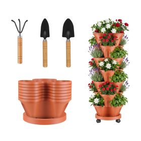 7 Tier Stackable Vertical Planter With Wheels Strawberry Planter Tower Space Saving Garden Planter With Drainage System Rolling Herb Flower Vegetable (Option: Brick Red)
