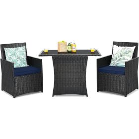 3-Piece Patio Furniture Outdoor Dining Set Brown PE Rattan (Color: Navy Blue Cushions)
