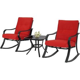 3-Piece Outdoor Patio Furniture Table Set and Rocking Chairs with Cushions (Color: Red)