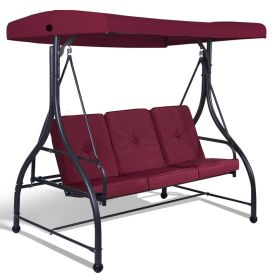 Adjustable 3 Seat Cushioned Porch Patio Canopy Swing Chair (Color: Dark Red)