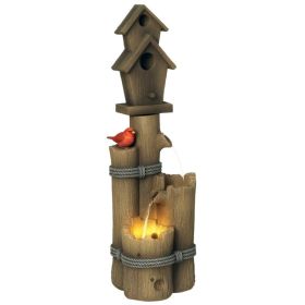 Outdoor Fountain with Birdhouse, Cascading Garden Waterfall Bird Bath with 3-Tier Rustic Tree Trunk / Log Design, LED Lights for Porch, Deck, Ya (Option: Brown-710x420x420 mm)