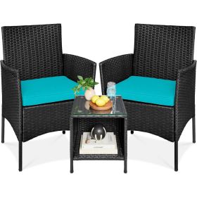 3-Piece PE Wicker Outdoor Dining Patio Furniture Set w/ Teal Blue Cushions (Color: Black)
