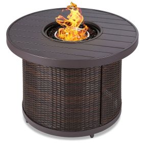 50,000 BTU Wicker Round LP Gas Propane Fire Pit w/ Faux Wood Tabletop and Cover (Color: Brown)