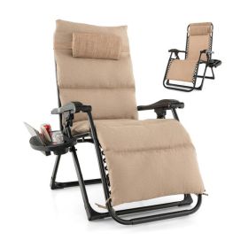Zero Gravity Adjustable Lounge Chair Removable Cushion Cup Holder Tray (Color: Tan)