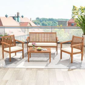4 Pieces Patio Wood Furniture Set Acacia Wood Sofa Set with Loveseat (Color: Off White)