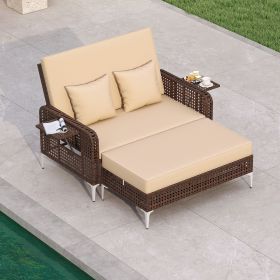 2 Piece Patio Rattan Daybed Wicker Loveseat and Ottoman with Adjustable Backrest (Color: beige)