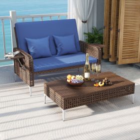 2 Piece Patio Rattan Daybed Wicker Loveseat and Ottoman with Adjustable Backrest (Color: Navy)